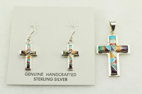 Sterling silver multi color inlay cross earrings and pendant set. S135