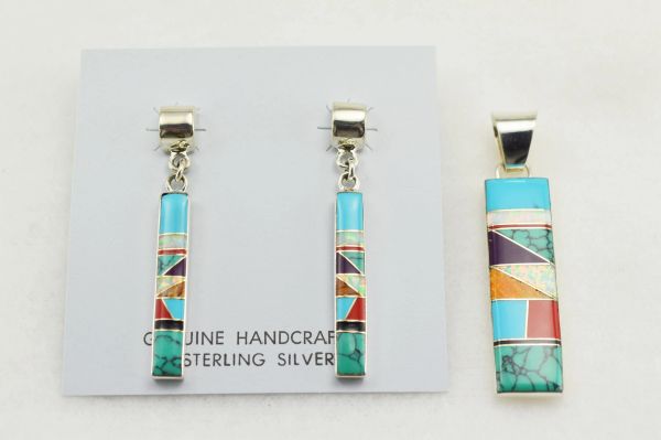 Sterling silver multi color inlay rectangle earrings and pendant set. S137