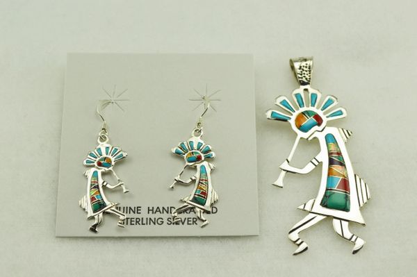 Sterling silver multi color inlay kokopelli earrings and pendant set. S140