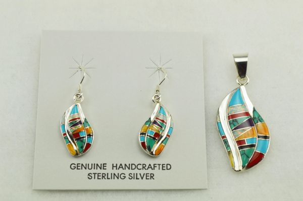 Sterling silver multi color inlay flame shape earrings and pendant set. S141