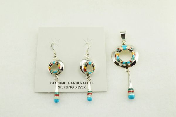Sterling silver multi color inlay oval with drop down earrings and pendant set. S145