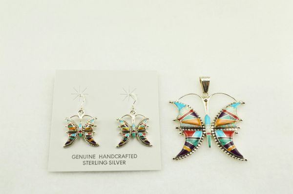 Sterling silver multi color inlay butterfly earrings and pendant set. S146