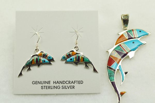 Sterling silver multi color inlay dolphin earrings and pendant set. S147