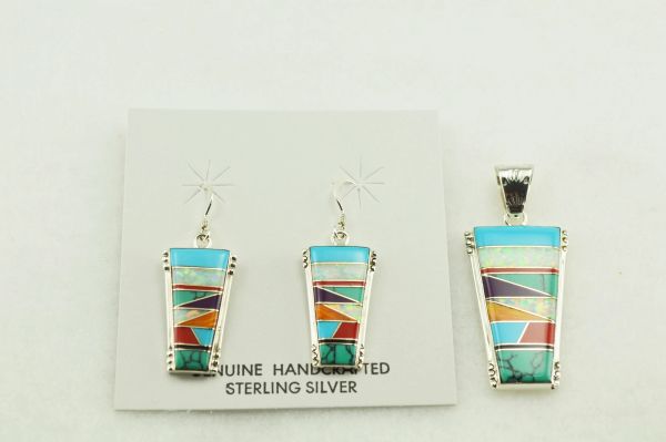 Sterling silver multi color inlay cork shaped earrings and pendant set. S148