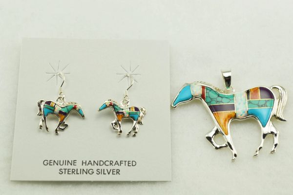 Sterling silver multi color inlay horse earrings and pendant set. S149