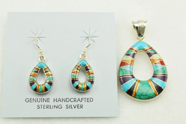 Sterling silver multi color inlay hollow raindrop earrings and pendant set. S150