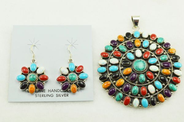Sterling silver multi color inlay round earrings and pendant set. S153