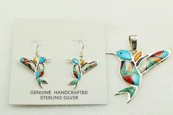 Sterling silver multi color inlay hummingbird earrings and pendant set. S157
