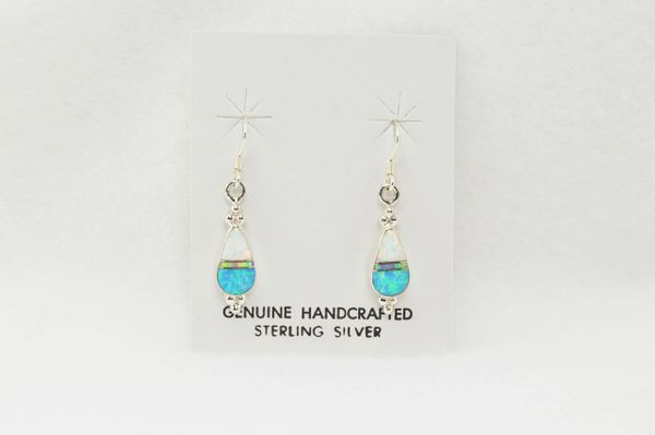 Sterling silver blue, pink and white opal inlay medium teardrop dangle earrings. E138