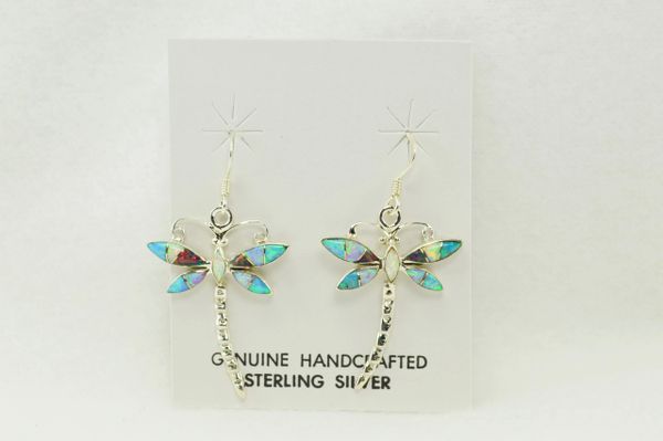 Sterling silver blue, pink, black and white opal inlay dragonfly dangle earrings. E139