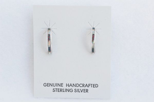 Sterling silver black and white opal inlay small 1/2 hoop post earrings. E225
