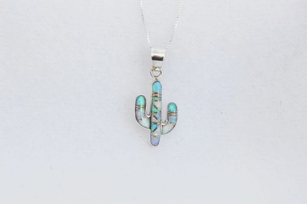 Sterling silver multi color opal inlay cactus pendant with sterling silver 18" box chain. N070.