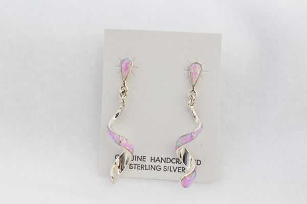 Sterling silver pink opal inlay twisty post earrings. E349