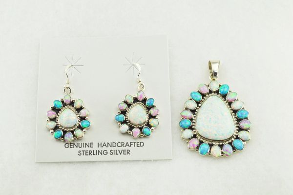 Sterling silver white, blue and pink opal oval earrings and pendant set. S159