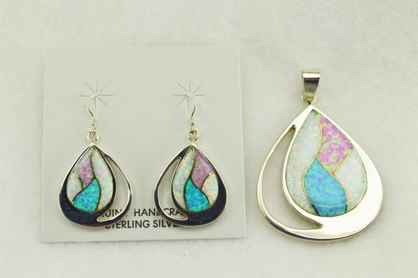 Sterling silver white, blue and pink opal inlay oval earrings and pendant set. S160