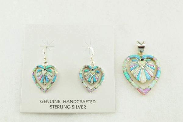 Sterling silver white, blue and pink opal inlay heart shaped earrings and pendant set. S163