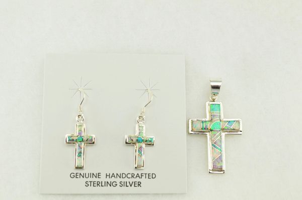 Sterling silver white, blue and pink opal inlay cross earrings and pendant set. S164
