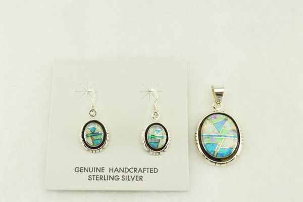 Sterling silver white, blue and pink opal inlay oval edged earrings and pendant set. S168