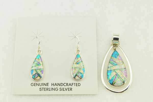 Sterling silver white, blue and pink opal inlay raindrop earrings and pendant set. S171