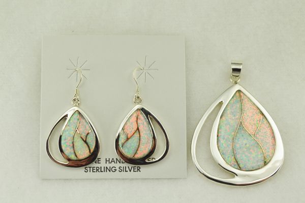 Sterling silver white opal inlay raindrop with cutout earrings and pendant set. S184