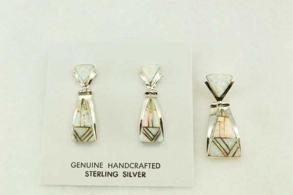 Sterling silver white opal inlay candy corn shaped earrings and pendant set. S185