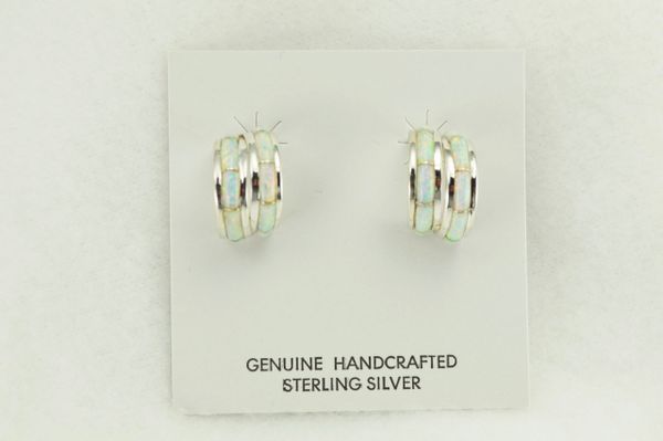 Sterling silver white opal inlay double hoop post earrings. E360