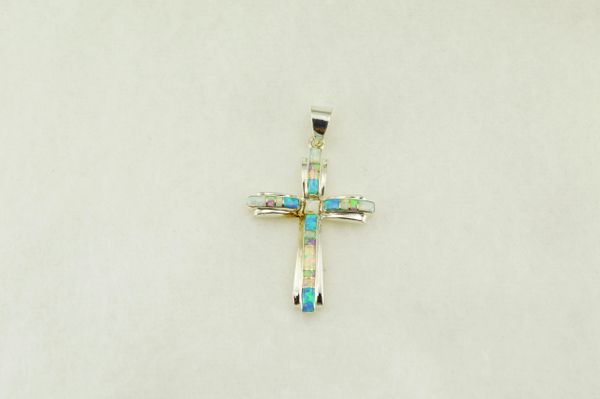 Sterling silver white, blue and pink opal inlay cross pendant. P002