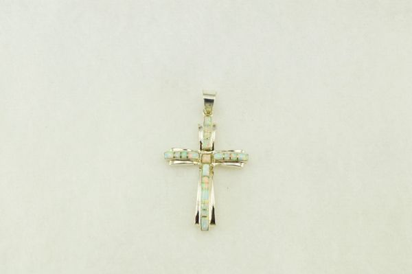 Sterling silver white opal inlay cross pendant. P003