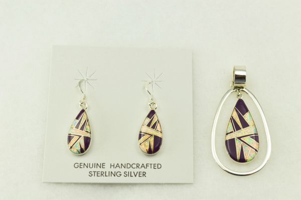 Sterling silver sugilite and white opal inlay teardrop earrings and pendant set. S205
