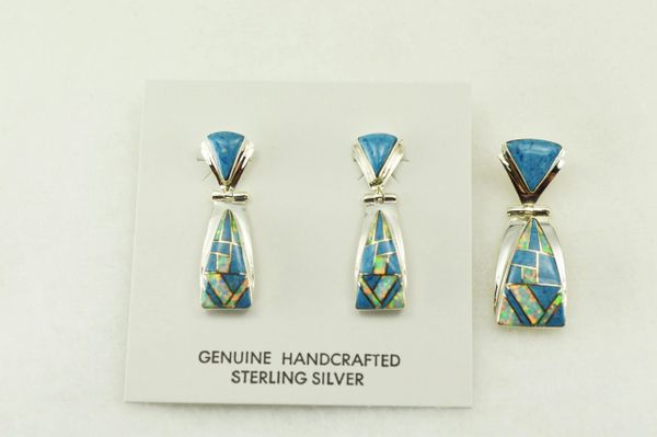 Sterling silver denim lapis and white opal inlay candy corn shaped earrings and pendant set. S208