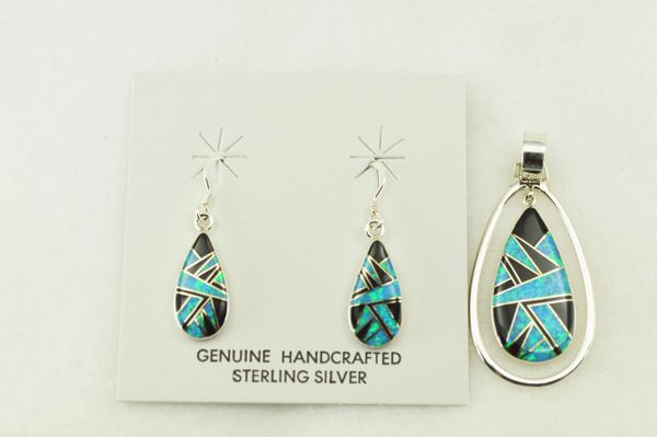 Sterling silver black onyx and blue opal inlay raindrop earrings and pendant set. S222