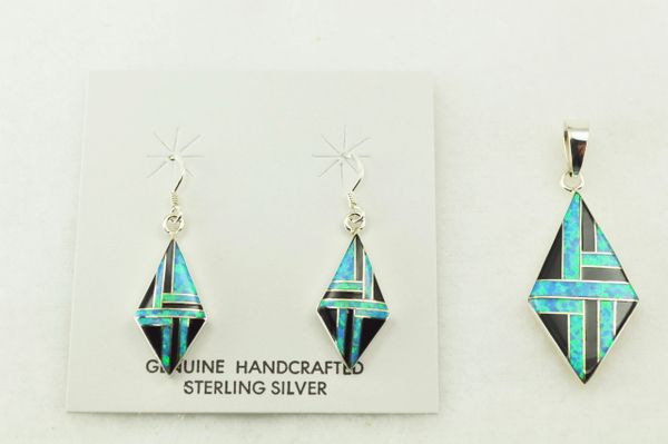Sterling silver black onyx and blue opal inlay diamond earrings and pendant set. S223