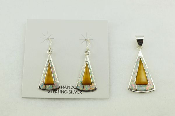 Sterling silver white opal and tiger eye inlay candy corn shaped earrings and pendant set. S229