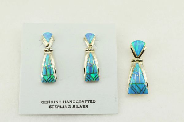 Sterling silver blue opal inlay triangle earrings and pendant set. S257