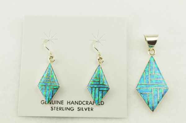 Sterling silver blue opal inlay diamond shaped earrings and pendant set. S263