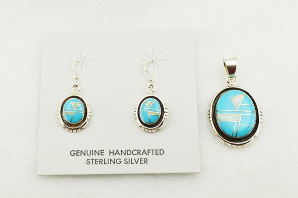 Sterling silver white opal and turquoise inlay edged oval earrings and pendant set. S292