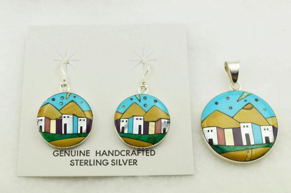 Sterling silver multi color inlay round adobe style earrings and pendant set. S295