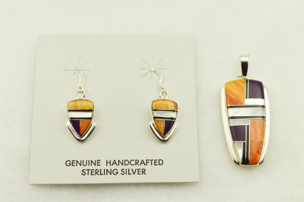 Sterling silver multi color inlay arrowhead earrings and pendant set. S301