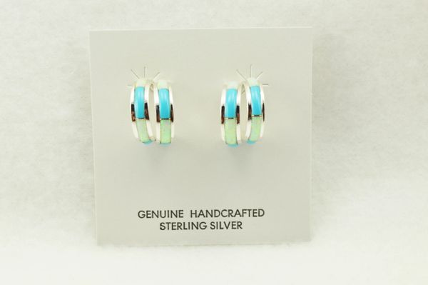 Sterling silver white opal and turquoise inlay double hoop post earrings. E358