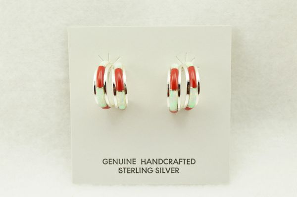Sterling silver white opal and coral inlay double hoop post earrings. E359