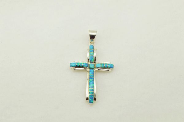 Sterling silver blue opal inlay cross pendant. P004