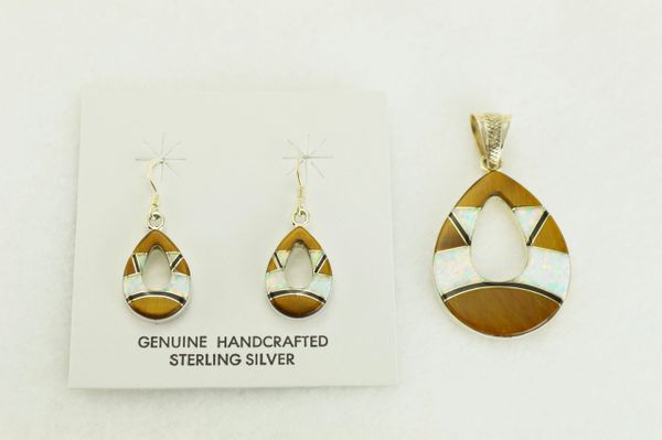 Sterling silver white opal, tiger eye and black onyx hollow raindrop dangle earrings and pendant set. S340