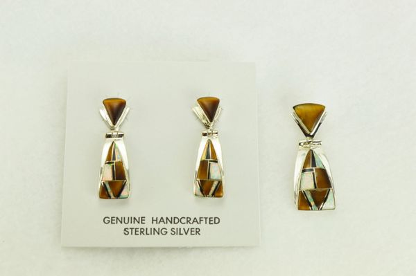Sterling silver white opal, tiger eye and black onyx inlay triangle post earrings and pendant set. S341