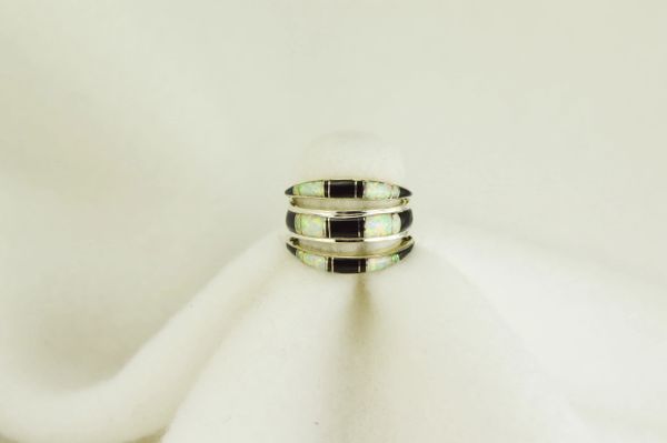 Sterling silver black onyx and white opal inlay ring. R003