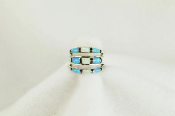 Sterling silver white opal, black onyx and blue opal inlay ring. R005
