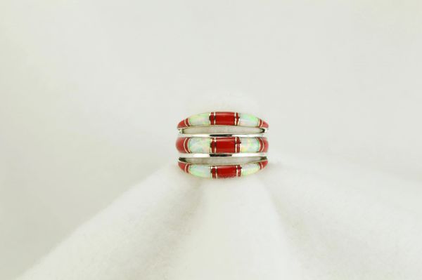 Sterling silver white opal and coral inlay ring. R006