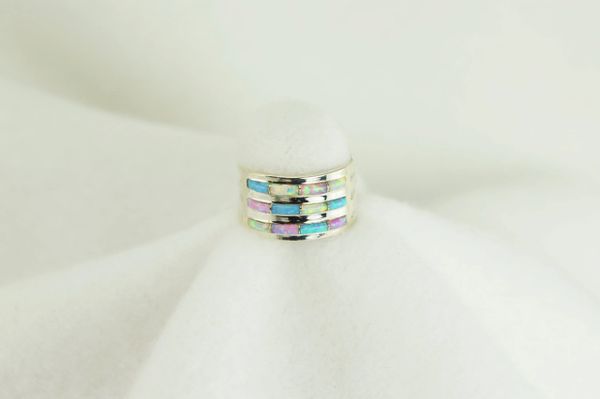 Sterling silver blue opal, pink opal and white opal inlay ring. R016