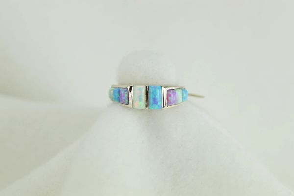 Sterling silver blue opal, pink opal and white opal inlay ring. R018