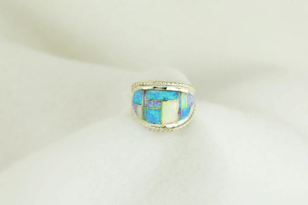 Sterling silver blue opal, pink opal and white opal inlay ring. R019