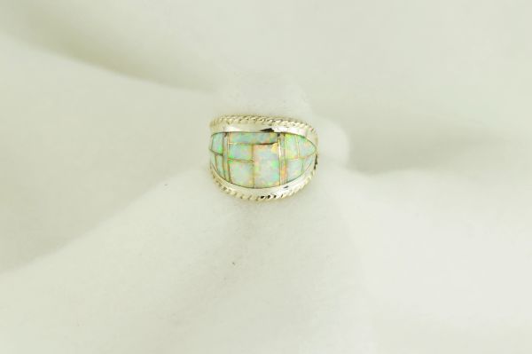 Sterling silver white opal inlay ring. R026